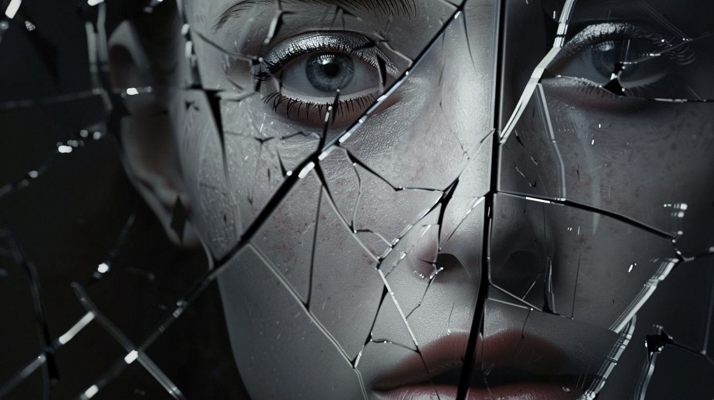 Prompt: reflection of white android girl face in the broken black mirror pieces