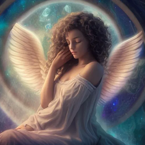 Prompt: A CURLY HAIR WOMEN DRESSED LIKE AN ANGEL SLEEPING IN A MYSTIC WORLD, 4 K