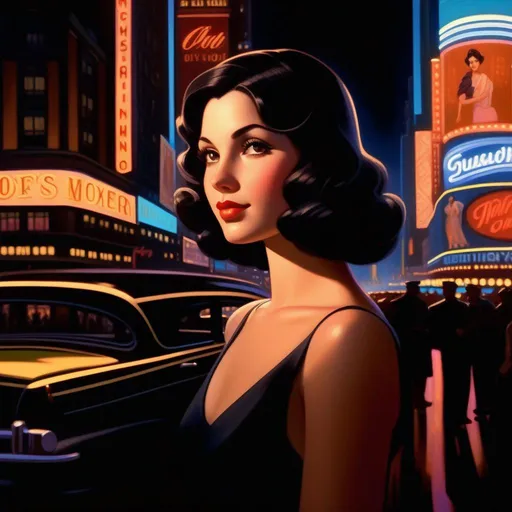 Prompt: Third person, gameplay, Italian-American girl, pale olive skin, black hair, brown eyes, 1930s, Times Square at night, neon, warm atmosphere, cartoony style, extremely detailed painting by Greg Rutkowski and by Henry Justice Ford and by Steve Henderson 

