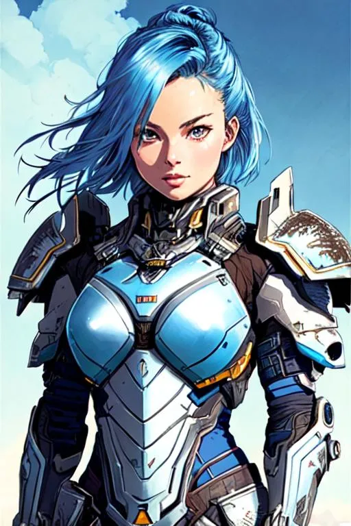 Prompt: (((Yoji Shinkawa))), sticker of ultra detailed portrait of margot robbie in blue mech armor. Blue hair, high quality cell shaded illustration in post apocalyptic style by Yoji Shinkawa, ((full body)), dynamic pose, perfect anatomy, castle setting, centered, freedom, soul, blue short hair, approach to perfection, cell shading, 4k , cinematic dramatic atmosphere, watercolor painting, global illumination, detailed and intricate environment, artstation, concept art, fluid and sharp focus, volumetric lighting, cinematic lighting, Art by Yoji Shinkawa,