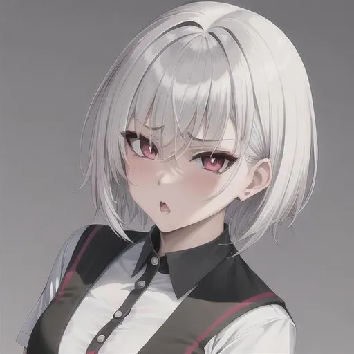Prompt: 90s anime style, detailed, intricate face, portrait, detailed eyes, gentle tones, 90s tones, 90s era, 1girl, beautiful woman, short hair, {{white hair}}, red eyes, black pupil's, wearing school uniform, {{disgusted expression}}