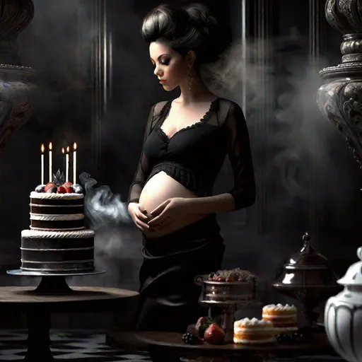 Prompt: Young pregnant girl, cake, sharpness, smoke, mystery, gothic, epic, hyperrealism, 3D detailed, incrustation, contrast forms and lines, contrast space and light, dof, multi-morph