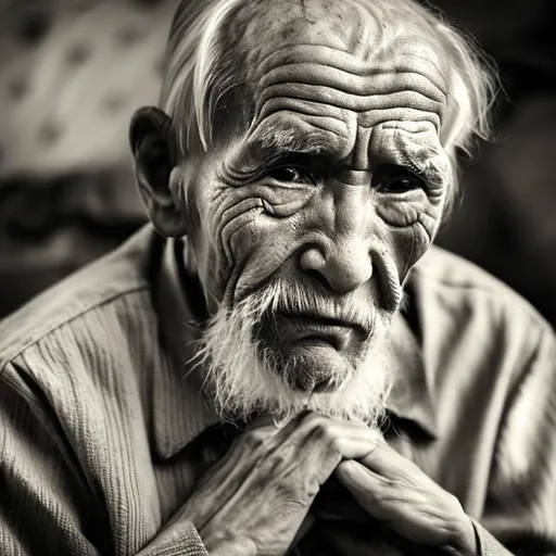 Prompt: Old man in his late 79's sitting on his feet looking like he lost something. Or some he loves the most. His wrinkling skin is the proof he failed in life. Still he wants to have some hope. But it's the end of his time on this earth. 