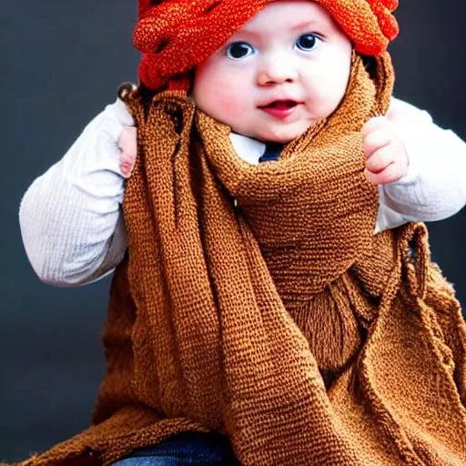 Prompt: A beautiful cute baby wearing beads and scarf on his head with white bear white background and awesome action 