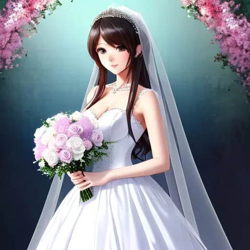 Prompt: a 25 year old anime girl wearing a white wedding dress and veil and holding flowers, soft pastel color, detailed, 8k
