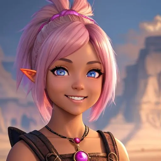 Prompt: oil painting, D&D fantasy, tanned-skinned-gnome girl, tanned-skinned-female, short, beautiful, short bright pink hair, pigtail cut hair, smiling, pointed ears, looking at the viewer, Wizard wearing intricate wizard outfit, #3238, UHD, hd , 8k eyes, detailed face, big anime dreamy eyes, 8k eyes, intricate details, insanely detailed, masterpiece, cinematic lighting, 8k, complementary colors, golden ratio, octane render, volumetric lighting, unreal 5, artwork, concept art, cover, top model, light on hair colorful glamourous hyperdetailed medieval city background, intricate hyperdetailed breathtaking colorful glamorous scenic view landscape, ultra-fine details, hyper-focused, deep colors, dramatic lighting, ambient lighting god rays, flowers, garden | by sakimi chan, artgerm, wlop, pixiv, tumblr, instagram, deviantart