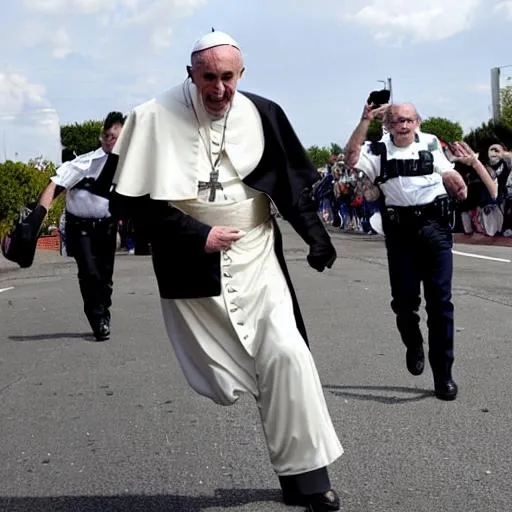 Prompt: the pope running from the police 
