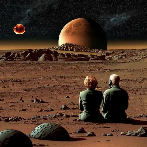 Prompt: A family watching nuclear war from mars earth is no more for living feeling sad