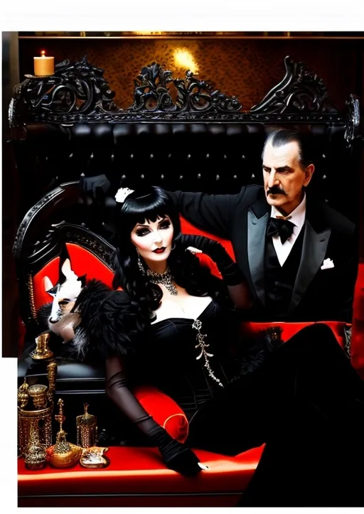 Prompt: (Elvira Mistress of the Dark posing on her side atop a Chaise Lounge next to Vincent Price who is sporting a pencil thin mustache), Black and White pen and ink sketch style, dark color scheme, elegantly gothic attire, intricate details, dim lighting, dramatic shadows, opulent background, luxurious textures, ornate furniture, deep reds and blacks, baroque patterns, solemn atmosphere, rich color tones, dark romanticism, ultra-detailed, 4K, photorealistic masterpiece, timeless elegance.