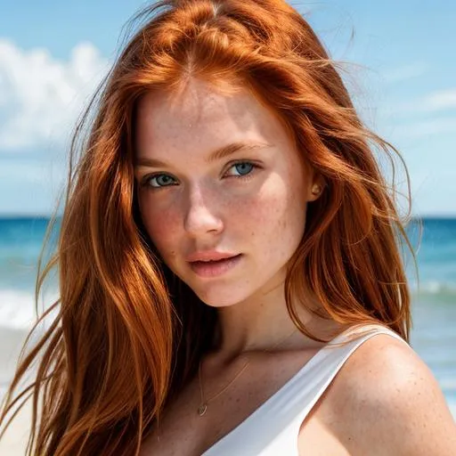 Prompt: Redhead girl with long hair on the beach 8k resolution insanely detailed, hyper realism, life-like, photo realistic, 64k, full body, symmetrical eyes