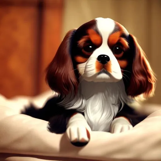 Prompt: A dog in it's bed (king charles spaniel) cute adorable