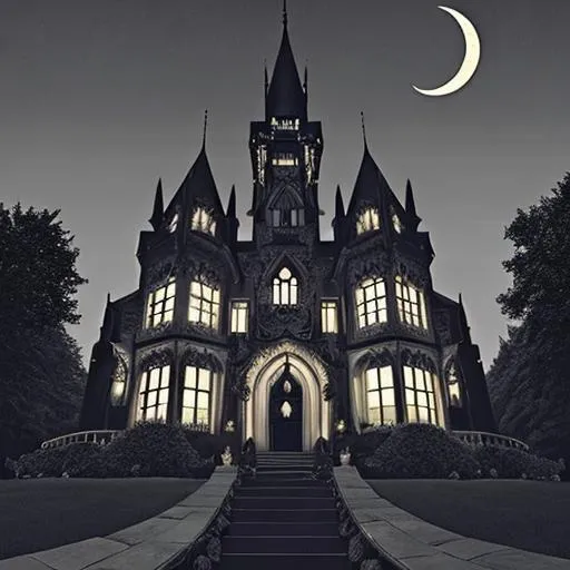 Prompt: a large dark gothic mansion set on top of a hill. The mansion's spires are capped with silver crescent moon symbols, while the mansion itself is dark with large pointed arches, turrets, and spires at each corner. The mansion almost appears like it came out of a fantasy. The large stone walkway that leads to the entrance is lined with lit lantern-hanging trees whose bright lights cast an eerie glow over the surrounding hills