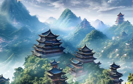 Prompt: fantasy chinese xianxia landscape, cinematic lighting, Spectacular details, Epic composition, Wide angle --ar 21:9