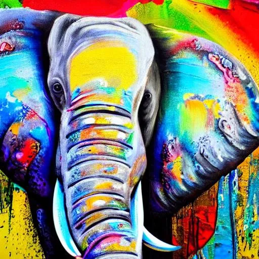 Prompt: Painting of an elephant, close up, hard brush strokes, colourful, paint