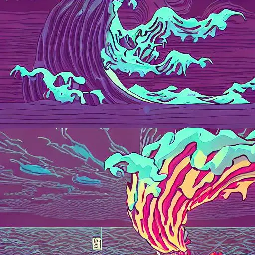 Prompt: great wave, water, river, sea, cyberpunk, neon, dramatic lighting style of Laurie Greasley and Satoshi Kon + symmetric lights and smoke, psychedelic effects, glowing particles, neon rain, comic
comci, relaxing , water, wave , japanese . animated , cinematic , beautiful , calming 