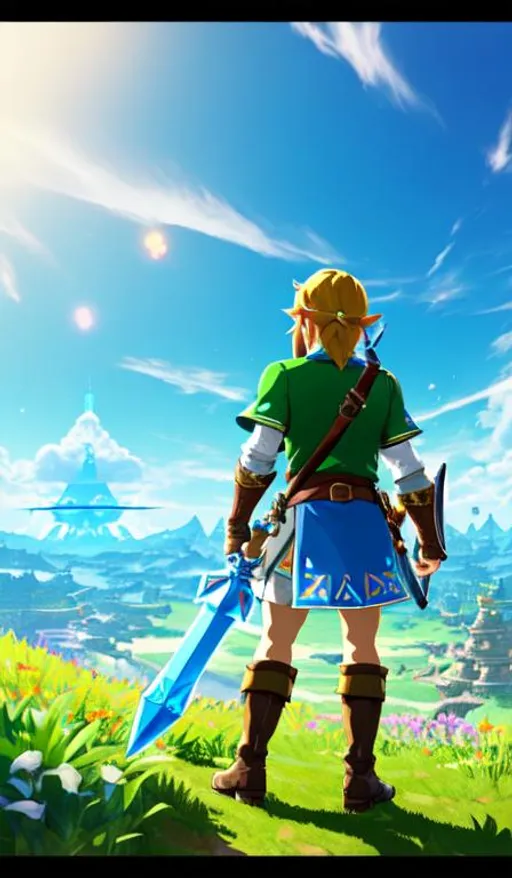Prompt: Link Nintendo video game Hyrule world character UHD, 9:16 portrait, very detailed, zoomed out view, full view of Link character in the Hyrule world, The Legend of Zelda: Breath of the Wild, 8k