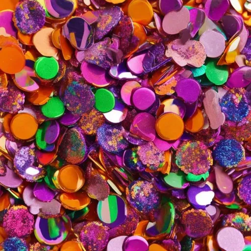 Prompt: Miniature Sequins and Halloween candy in the style of Lisa frank