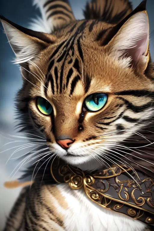 Prompt: (masterpiece), (best quality:1.2), (intricate detail), dynamic angle, looking at viewer, (1male), ((solo)), (((full body))), (slender), (((tabaxi))), (((black and brown fur))), ((blue pupils)), (((light armor))), black armor, ((cloak)), mysterious, ((ominous expression))