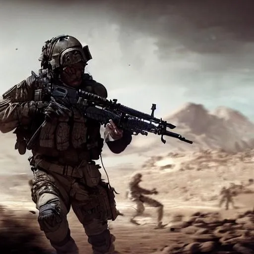 Prompt: Dying Mercenary Special Forces soldier in uniform with black armored vest crawling to shelter in the desert of Nevada  in 2020 while chased by HORDES of zombies, combat photography by Feng Zhu, highly detailed, excellent composition, cinematic concept art, dramatic lighting, trending on ArtStation Battlefield 3 cover style