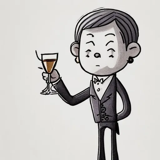 Prompt: A hand drawn picture of a happy small stiff man holding a glass of wine, simple lines