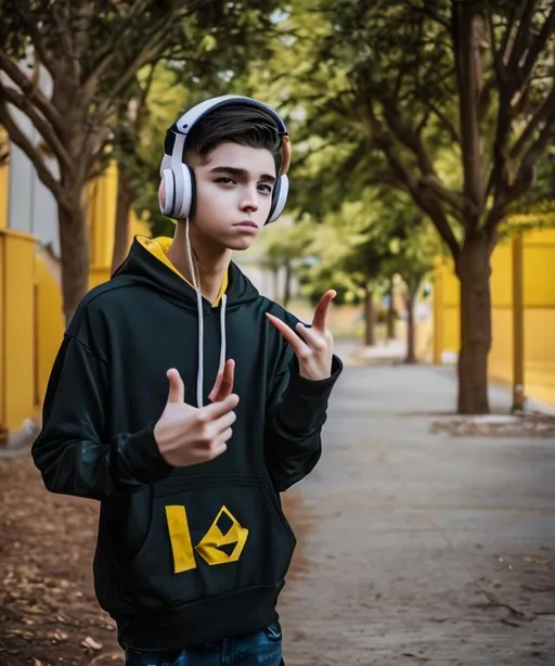 Prompt: anime boy  posing for a selfie with 2 fingers showing  wearing yellow hoodie with headphones on his kneck