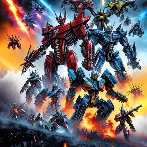 Prompt: cool looking poster cover of all the transformers battling it out on a war feild