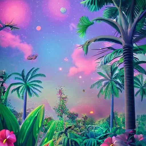 Prompt: landscape of other planet with giant tropical flowers and strange trees, bokeh, cinematic lighting, soft pastel colors, pop surrealism
