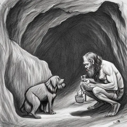 Prompt: A Cave Man drawing a dog in a cave