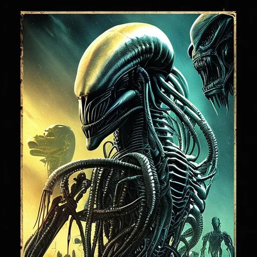 Prompt: alien V predator, retro, cinema poster 
