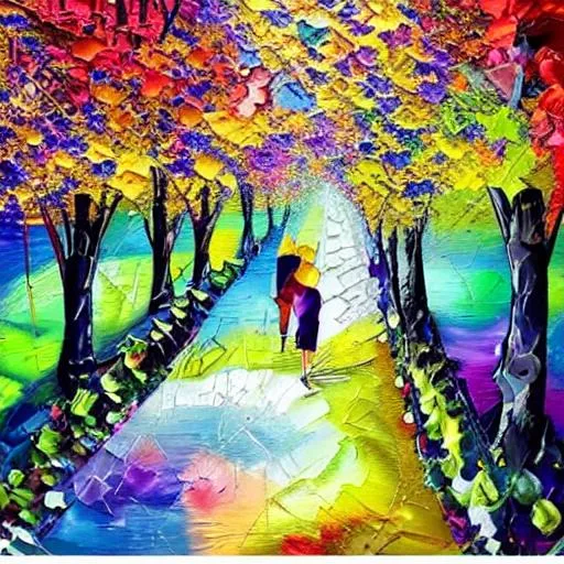 Prompt: walking through a beautiful park with flowers and tree undescribable beautiful and all connected painting abstract beautiful dimensions texture cubism 