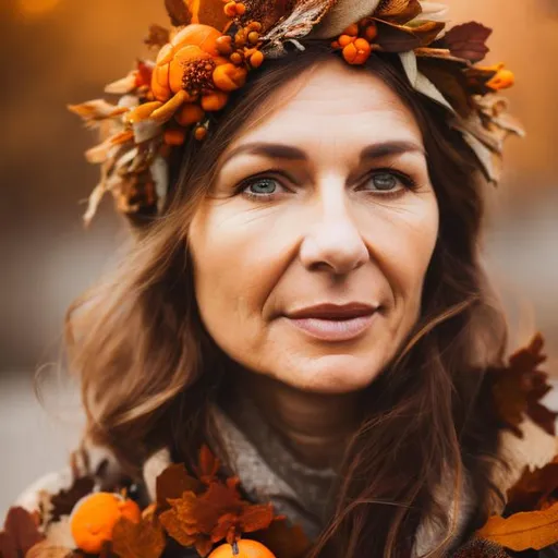 Prompt: caucasian woman in her 40s wearing a wreath from fallen leaves and orange and brown colours in an autumnal background close up bokeh