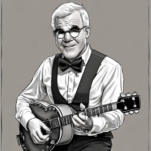 Prompt: Draw a black and white picture of Steve Martin wearing a bowtie and playing a banjo
