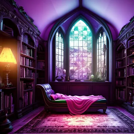 Prompt: HD, 4K, 3D, Stunning, magic, cinematic camera, two-point perspective, interior design,witch bedroom, ethereal,chaise longue, full moon outside, gorgeous gothic windows,bookshelf, cauldron, magic mirrors, light contrast, witchy ambient, purple and green sunstrails, moon glow, magic books, 