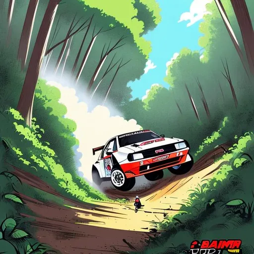 Prompt: Group b rally car sliding through a corner in the woods on a dirt path  as crowds dive out of the way, anime, cell shaded, stylized, art, digital art