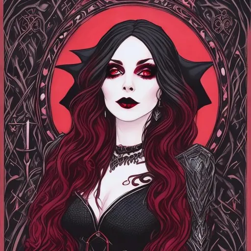 Prompt: Beautiful woman, Wanda maximoff, spell book, gothic, all black clothing, red jewelry, dark eyeshadow, dark red lipstick 