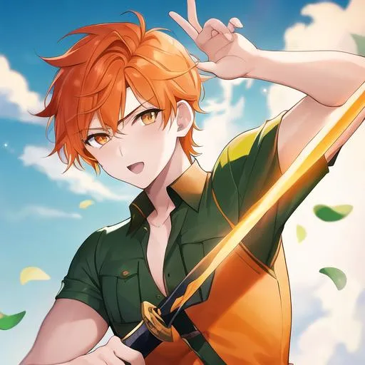 Prompt:  1boy, a man with orange hair and orange eyes holding a sword and a green shirt on his chest. Adam Manyoki, sots art, official art, a character portrait