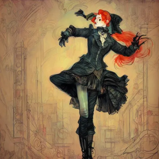 Prompt: jane avril dancing cyberpunk victorian in the style of toulouse lautrec