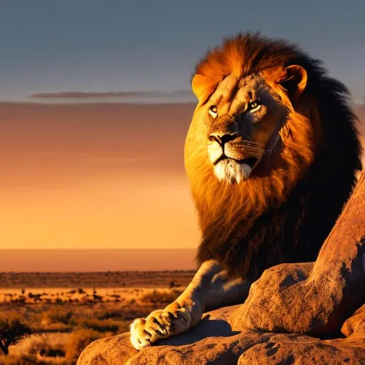 Prompt: Please generate an image of a regal lion standing proudly on a large rock in the vast plains of Africa during sunset. The lion should be in the foreground with the sun setting in the background, creating a golden light effect on the lion and the surrounding landscape