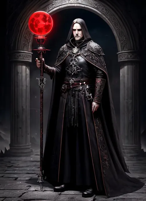 Prompt: old decrepit male necromancer, staff, dark leather robes, blood fountains, intricate, full body shot, holding blood lantern, highly detailed, lunar eclipse, visible symmetrical face, UHD, single light source, perfect composition, photo real, realistic, super detailed, 8k, high quality, sharp focus, intricate details, highly detailed, masterpiece, clear defined face,