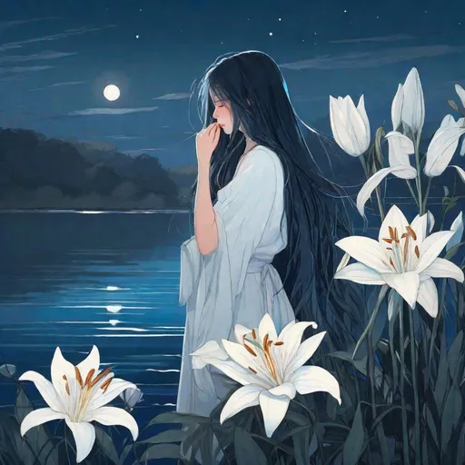 Prompt: girl crying by the edge of a lake, blue, long hair, white, lilies, night