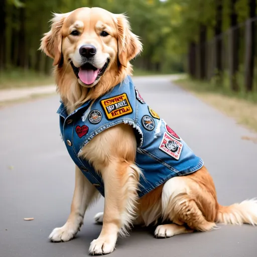 Prompt: Golden Retriever wearing a heavy metal music denim vest with patches
