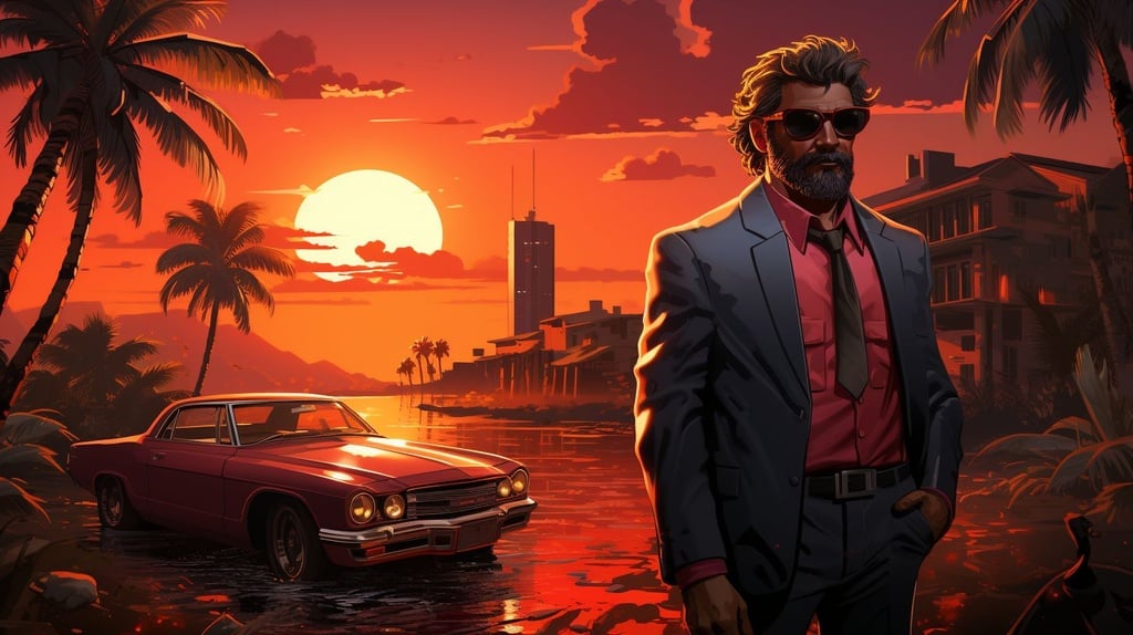 Prompt: miami vice in the style of embossed metallic 2d gameplay