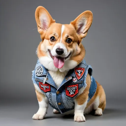 Prompt: Welsh Corgi wearing a heavy metal music denim vest with patches