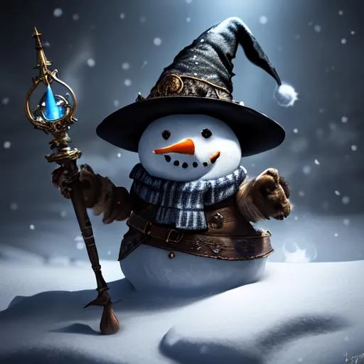 Prompt: fantasy,  snowman, wearing mage clothing, with a wizard wand, witch hat, dramatic lighting, 8k, portrait,realistic, fine details, photorealism, cinematic ,intricate details, cinematic lighting, photo realistic 8k
