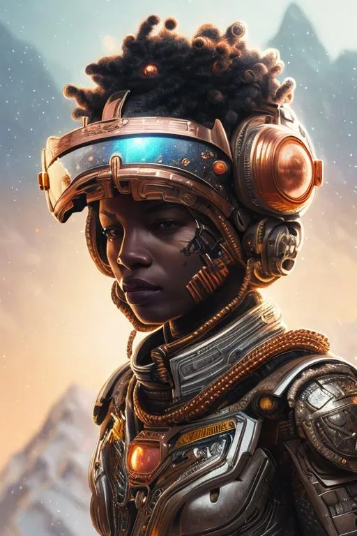 Prompt: in the snow covered mountains a black woman star pilot with dreadlocks sultry with silver space armor and medallion on chest hieroglyphs ambient copper light bright soft light on face lightning transparent yellow sunglasses, trending on artstation, sharp focus, studio photo, intricate details, highly detailed, by greg rutkowski