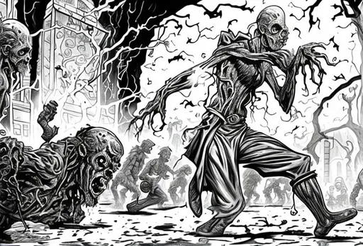 Prompt: zombies melting, make me a black and white artwork, HEROQUEST, 90S FANTASY, 90S, comic
