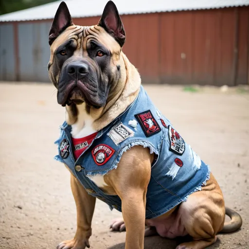 Prompt: Presa Canario wearing a heavy metal music denim vest with patches

