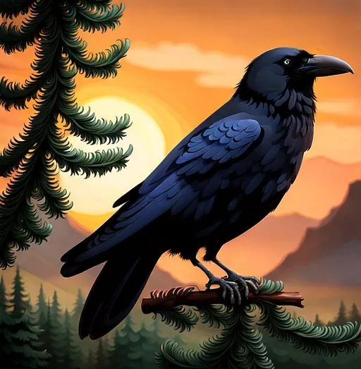 Prompt: A raven sitting majestically on a branch of a hemlock tree, semi-close vantage point, realistic hyper detailed feathers, Sunset lighting