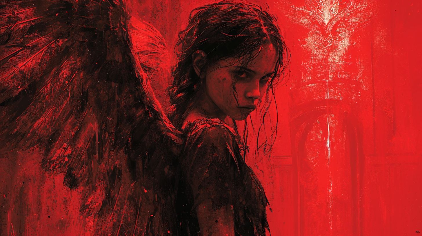 Prompt: a girl with a knife standing next to an angel, digital art, deep crimson and dark shadows, black eyed kids, lee bermejo, with two pairs of wings, child of dark, red skinned, merged, shaded, suspiria, eternal darkness, with malice, sullen, gehenna, angel-themed