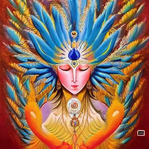 Prompt: The birth of corona garuda bird divinity from a divine blonde horned fit feminine deity's third eye  with Oil on canvas with rich colors emphasize white blue